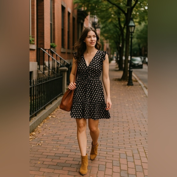 J.Crew Black Floral Mini Dress Ruffle V-Neck Tiered Sz 8 Cottagecore Boho Fairy - Picture 2 of 16